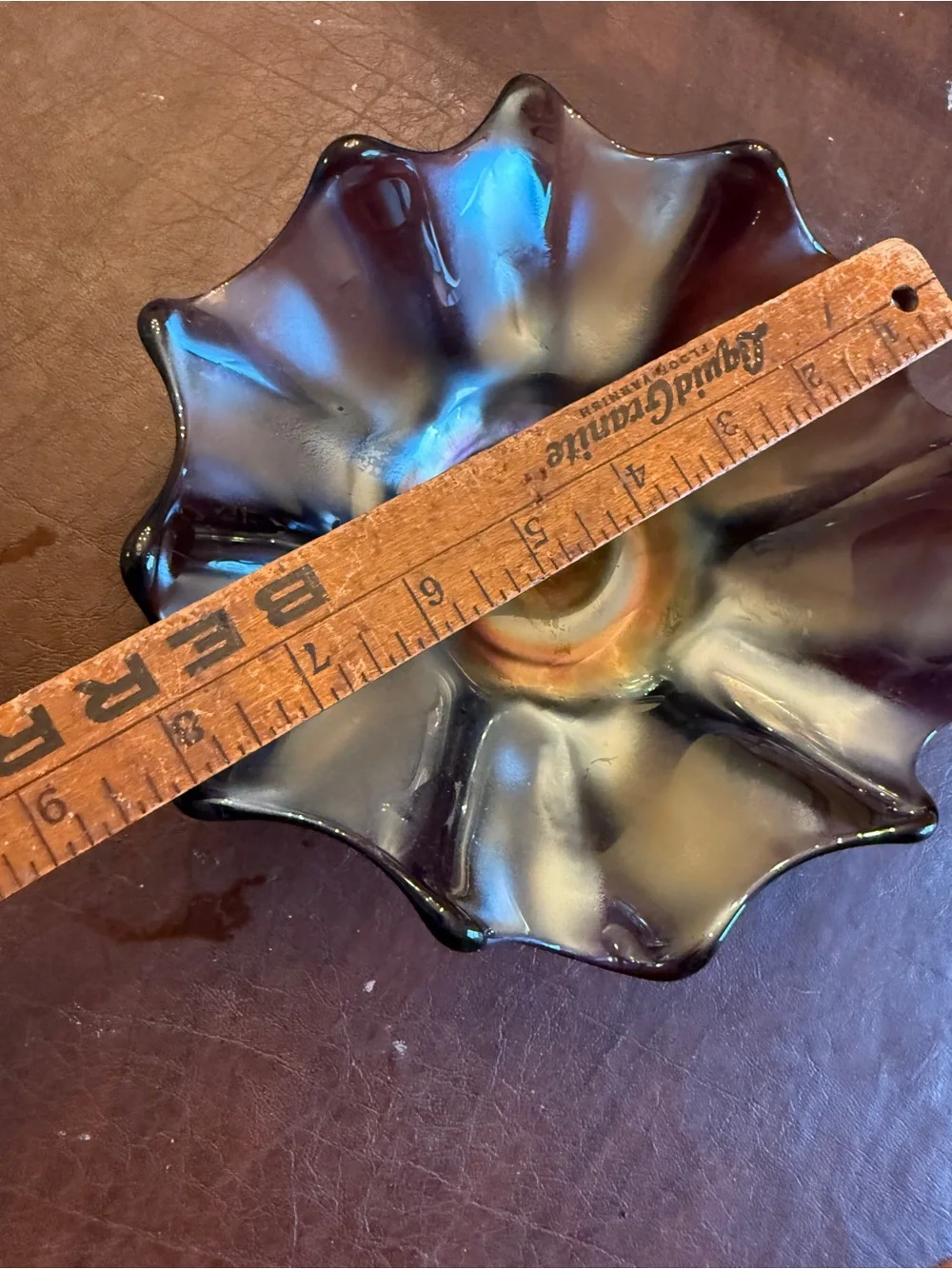 1930s Black Amethyst Carnival glass ruffled bowl 8”